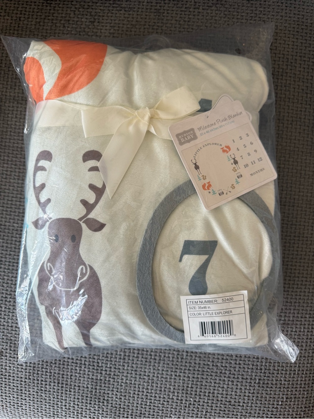 Hudson Baby Milestone Plush Blanket - Cream with Orange & Gray